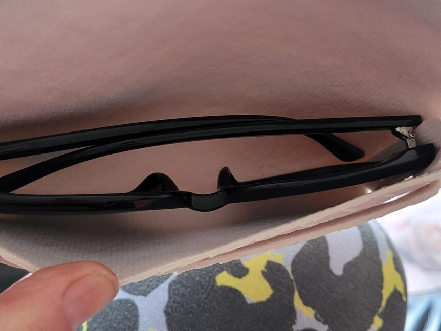 A pair of sunglasses folded in a case