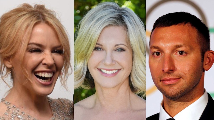 Three headshots side-by-side show Kylie Minogue, Olivia Newton-John and Ian Thorpe