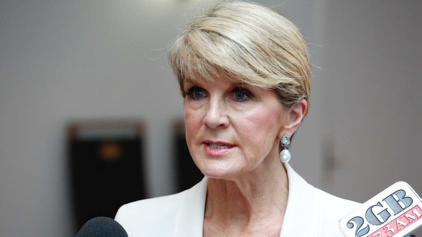 Julie Bishop speaks to press with microphones in front of her.