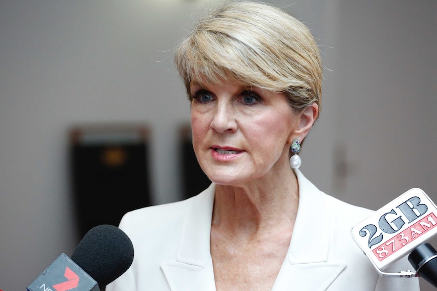 Julie Bishop speaks to press with microphones in front of her