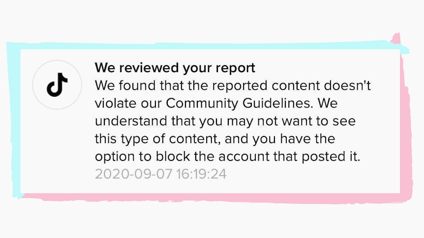 A response from TikTok saying 'We found the reported content doesn't violate our Community Guidelines'.