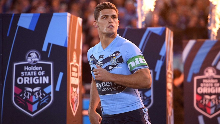 Nathan Cleary looks to his left as he runs on the field for New South Wales in 2018's State of Origin II.