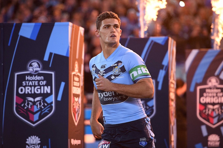 Nathan Cleary looks to his left as he runs on the field for New South Wales in 2018's State of Origin II.