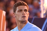 Nathan Cleary looks to his left as he runs on the field for New South Wales in 2018's State of Origin II.