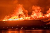Bushfires burn on a hillside at night next to a body of water.