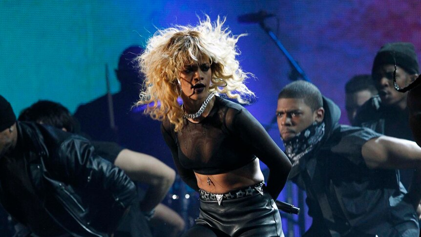 Rihanna performs at the 54th annual Grammy Awards