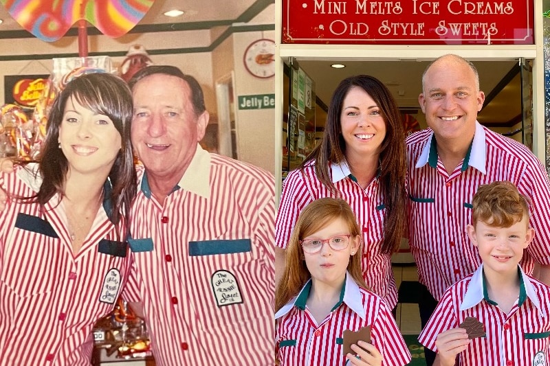 A composite picture of a young Donna with her father and a recent photo with her husband and kids.