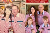 A composite picture of a young Donna with her father and a recent photo with her husband and kids.