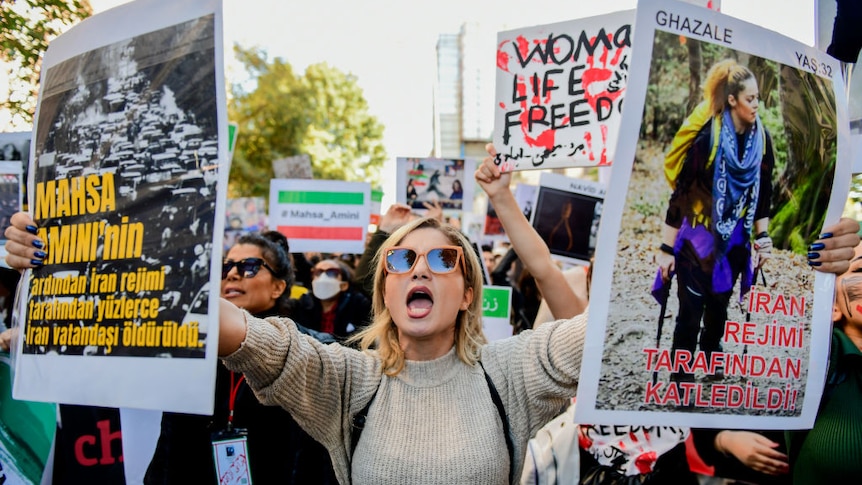 Demonstrators protest at the Iranian consulate in Istanbul Türkiye  following the death of Mahsa Amini in Iran.