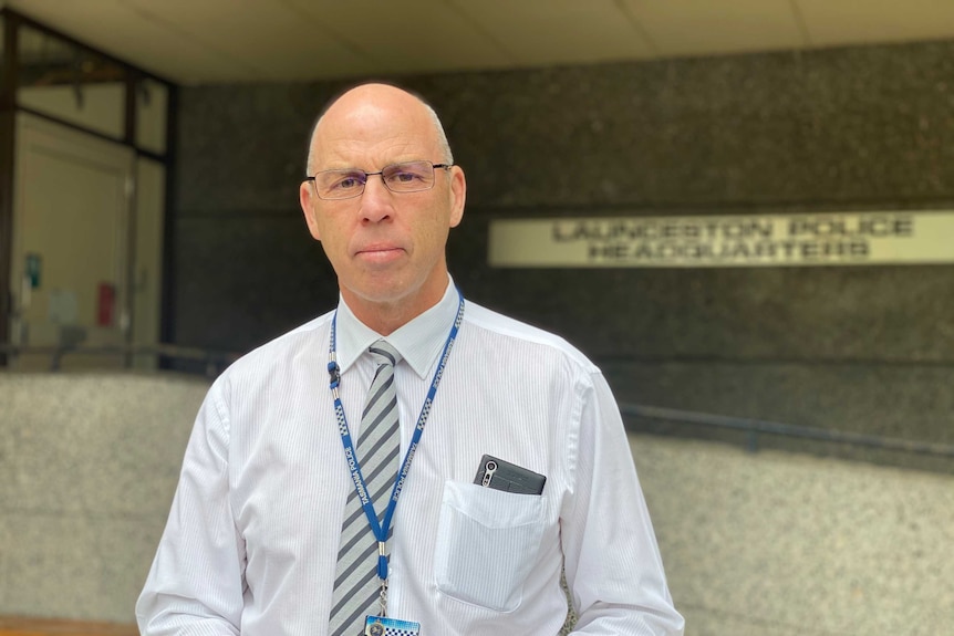 Launceston CIB Detective Inspector Kim Steven stands outside police station.