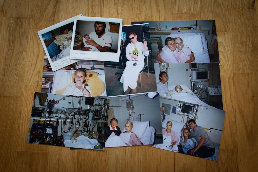Nine physical photographs showing Elle Pendrick in hospital, many featuring family and friends by her bedside.