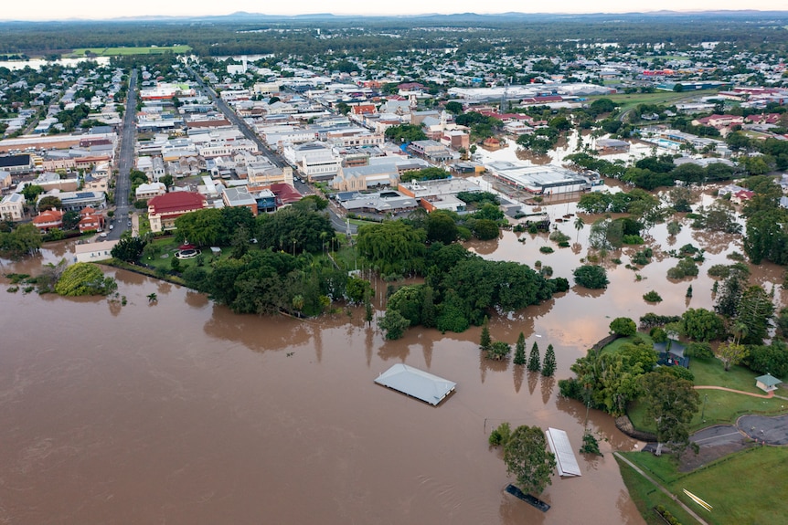 An aerial shot of a flooded township.