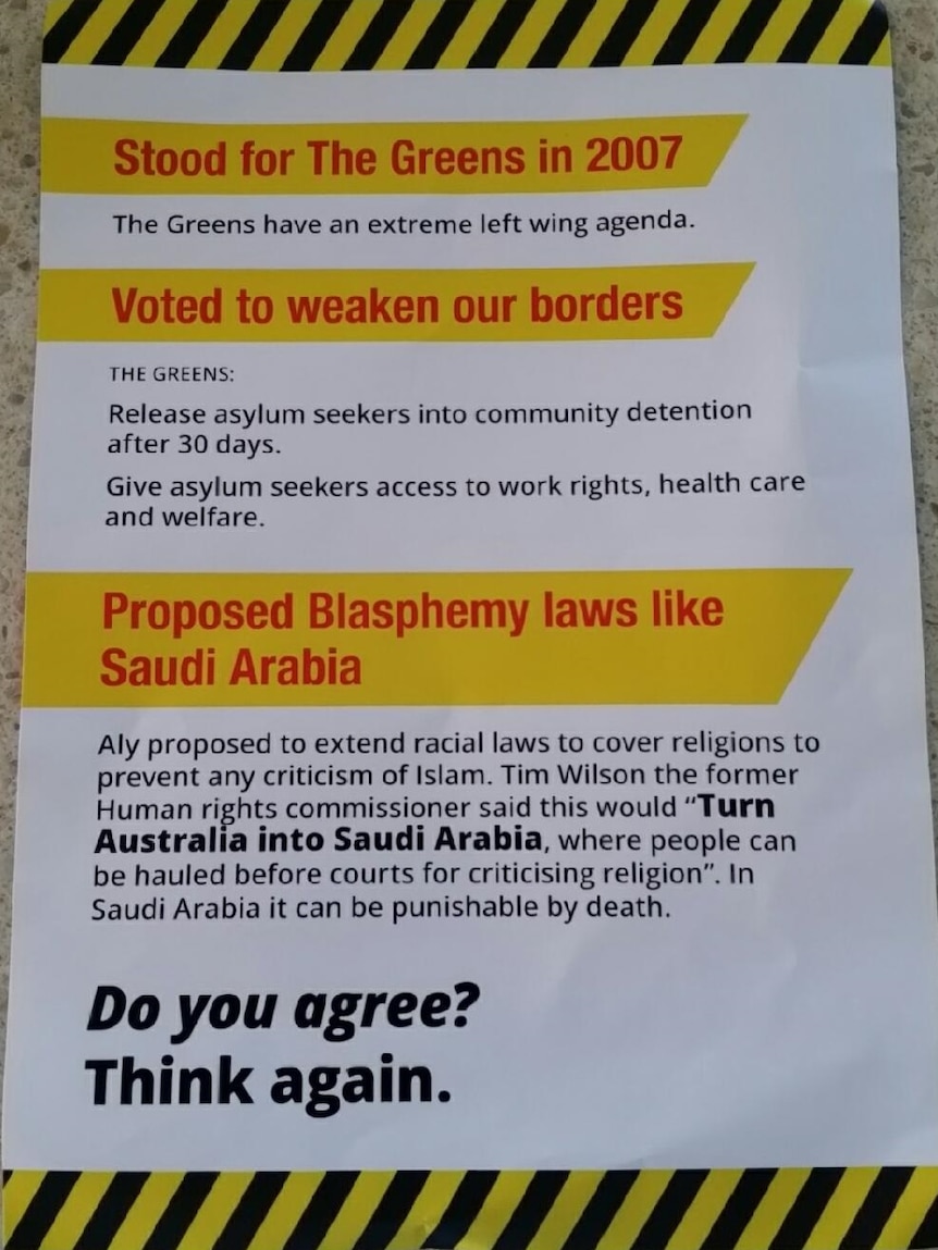 An election flyer accusing Anne Aly of proposing "blasphemy laws like Saudi Arabia".