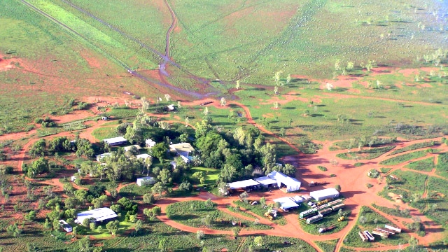 Aerial shot of the Ammaroo cattle station homestead, looking green after rain.