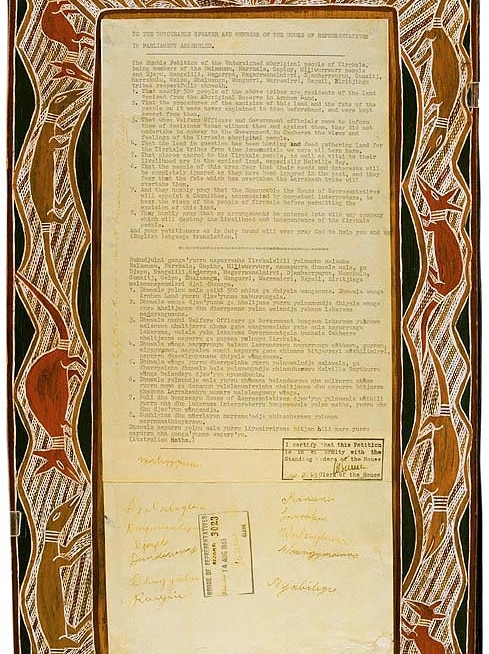 The Yirrkala bark petition was made by the Yolgnu people of Arnhem Land in 1963 to protest against mining on traditional land.