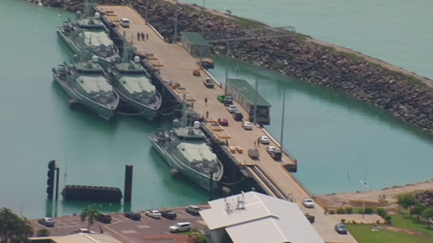 Aerial shot of navy ships docked at Darwin's HMAS Coonawarra.