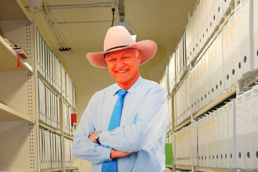 Life-size cut-out of Bob Katter in the library's archives.