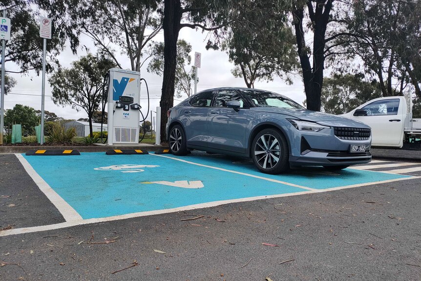 A blue electric vehicle is parked at an Evie charging station. The car park is painted blue.