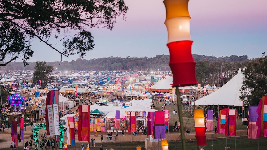 Image of marquees and tents, colourful lanterns at Splendour in the Grass