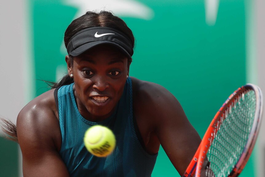 US tennis player Sloane Stephens makes backhand shot