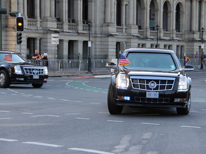 Obama's motorcade driving through Brisbane