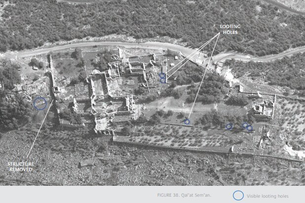 Satellite imagery with looting holes circled at Church of Saint Simeon Stylites, Syria taken in November 2013.