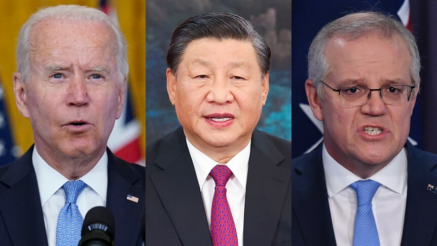 Image composite de Joe Biden, Xi Jinping et Scott Morrison.