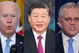 A composite image of Joe Biden, Xi Jinping, and Scott Morrison.