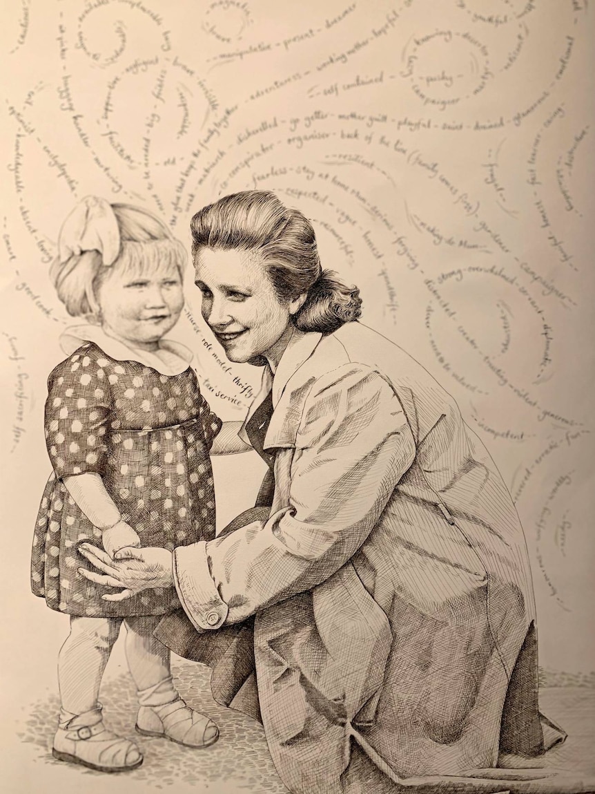 black and white sketch of 1950s mother and child 