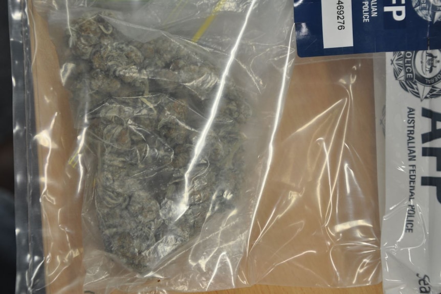 Cannabis in a plastic bag with the logo AFP
