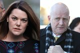 Sarah Hanson-Young on the left, with her hair billowing in the wind. David Leyonhjelm on the right, clutching his scarf.