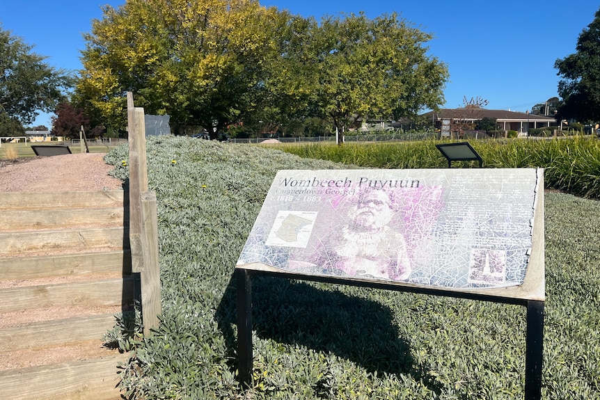 A sign at a small public garden commemorating an indigenous warrior.