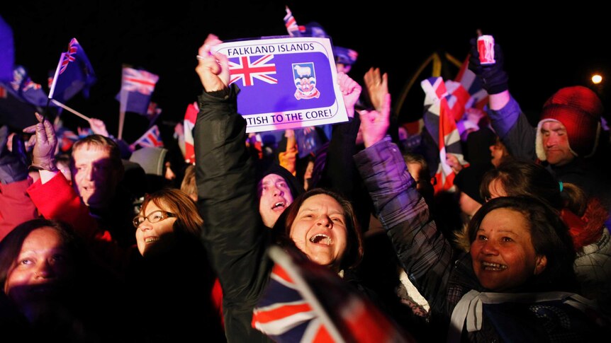Falkland islanders celebrate referendum result.