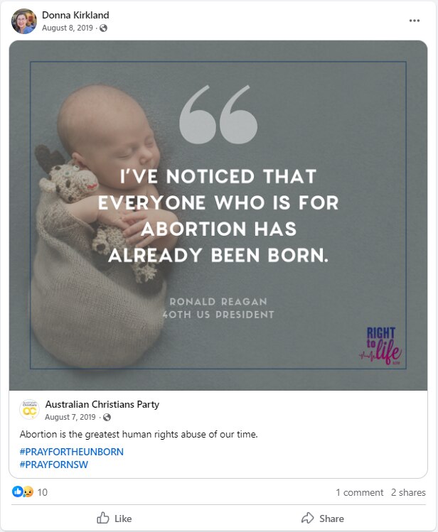 A social media post about abortion shared by LNP candidate Donna Kirkland.