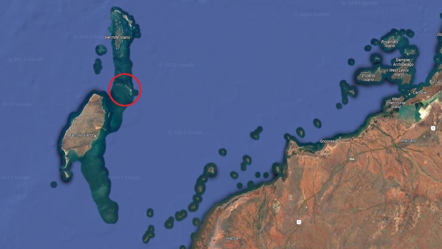A satellite map showing a group of islands off the coast of Western Australia.