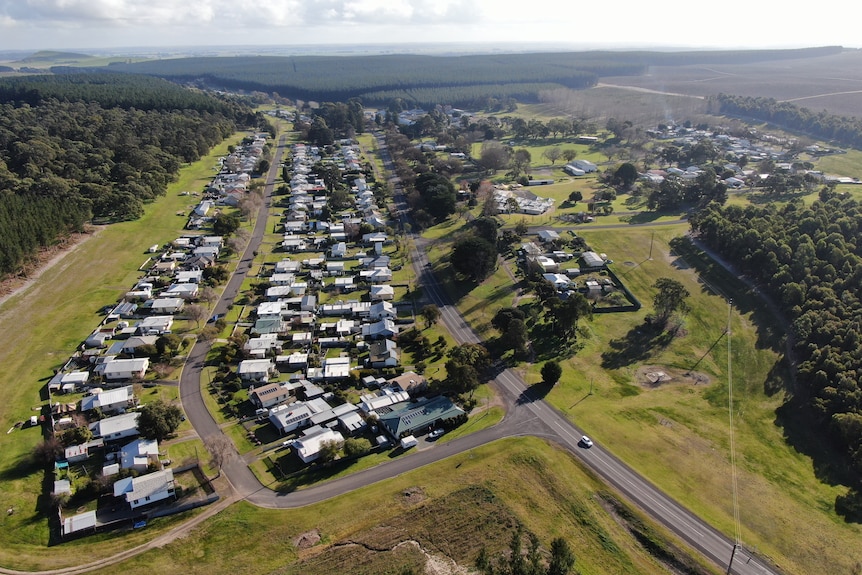 A drone shot of the very lush and green, but tiny South Australian town of Mount Burr.,
