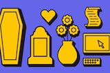 Illustration of death-related items: coffins, tombstone, heart, flowers, will to depict how to prepare for one's own death.