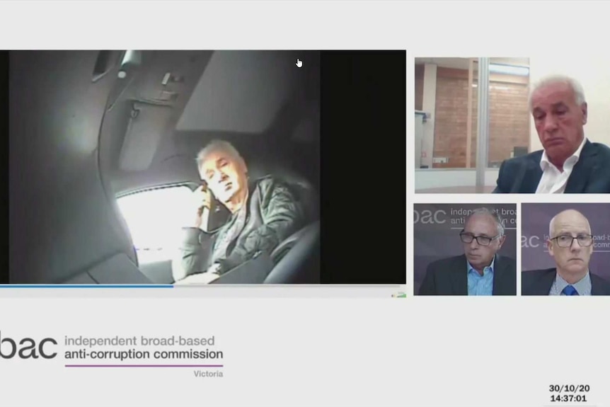 A surveillance video shows a man on the phone in a car on the left, with feeds of George Haritos and two IBAC reps on the right.