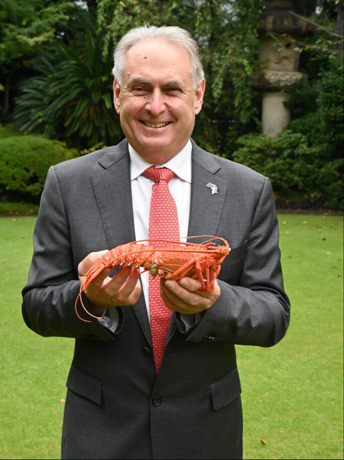 A smiling, grey-haired man wearing a dark suit and holding a lobster.