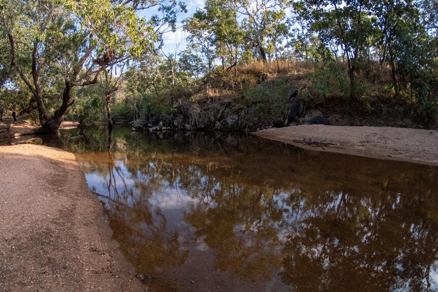 A shallow brown river surrounded by sandy riverbanks and trees