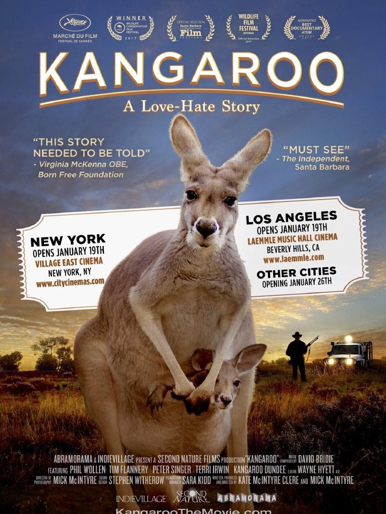 Kangaroo from a poster showing US opening dates of documentary film Kangaroo: A Love-Hate Story