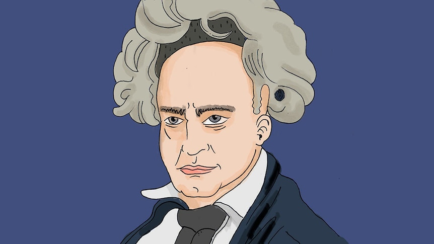 An illustration of Beethoven's head with the hair detached like a wig.