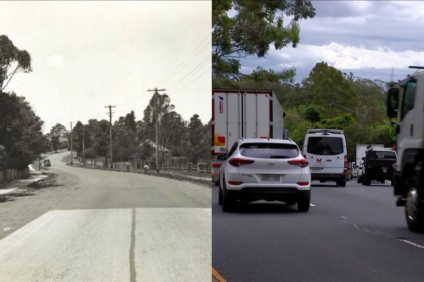 A composite image of an empty road, and a road full of trucks and cars.