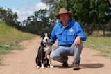 A man crouching down with a black-and-white border collie on a dirt road.