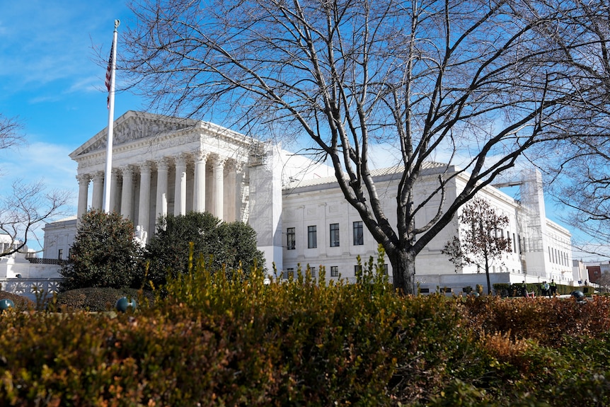 A photo of the US Supreme Court building. There's a large tree in the foreground and an American flag pole.