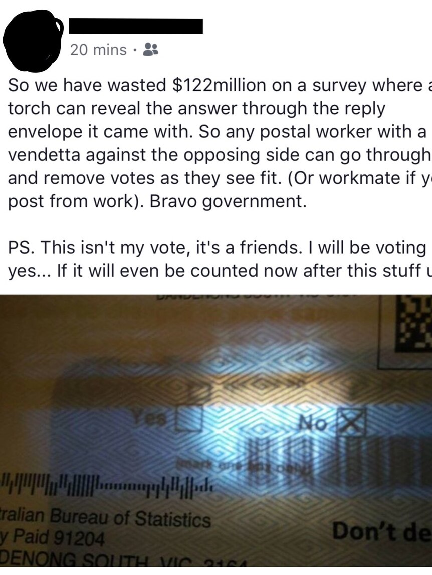 A reddit post showing a same-sex marriage postal survey form with a torch light shining through it.