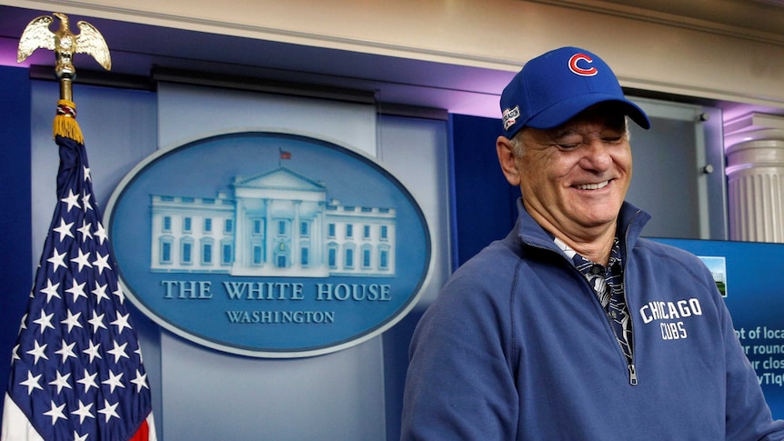 Actor Bill Murray, in Chicago Cubs attire, in the White House briefing room on October 21, 2016.