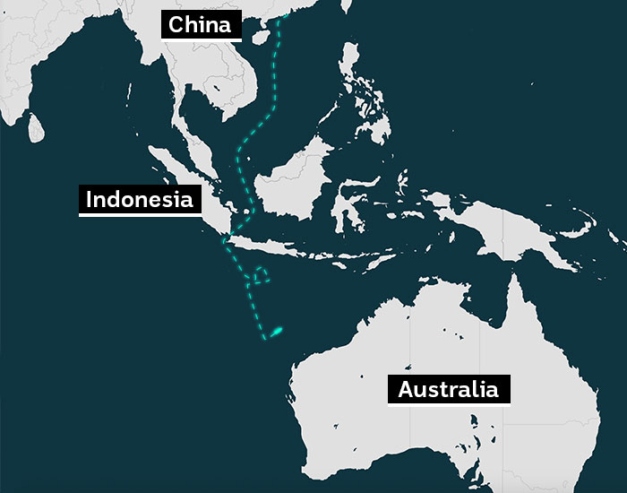 A map of south east asia showing the path a vessel took travelling from china to australia