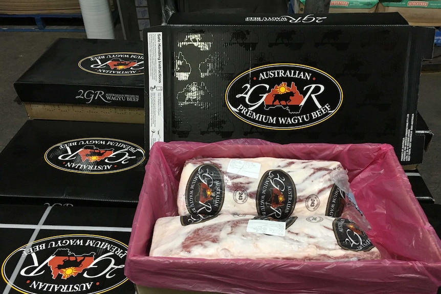 Boxes of Gina Rinehart's new wagyu beef brand 2GR.