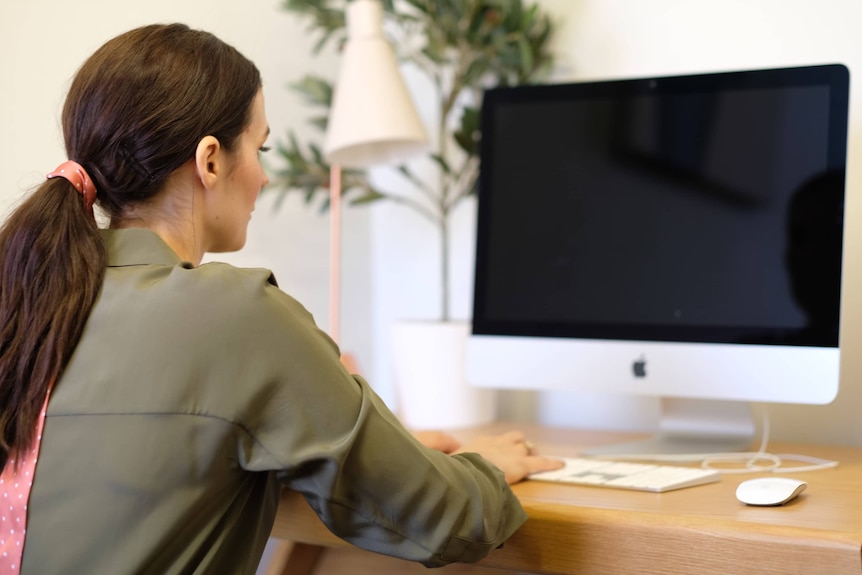 A woman with long brown hair in a ponytail looks at a computer monitor.